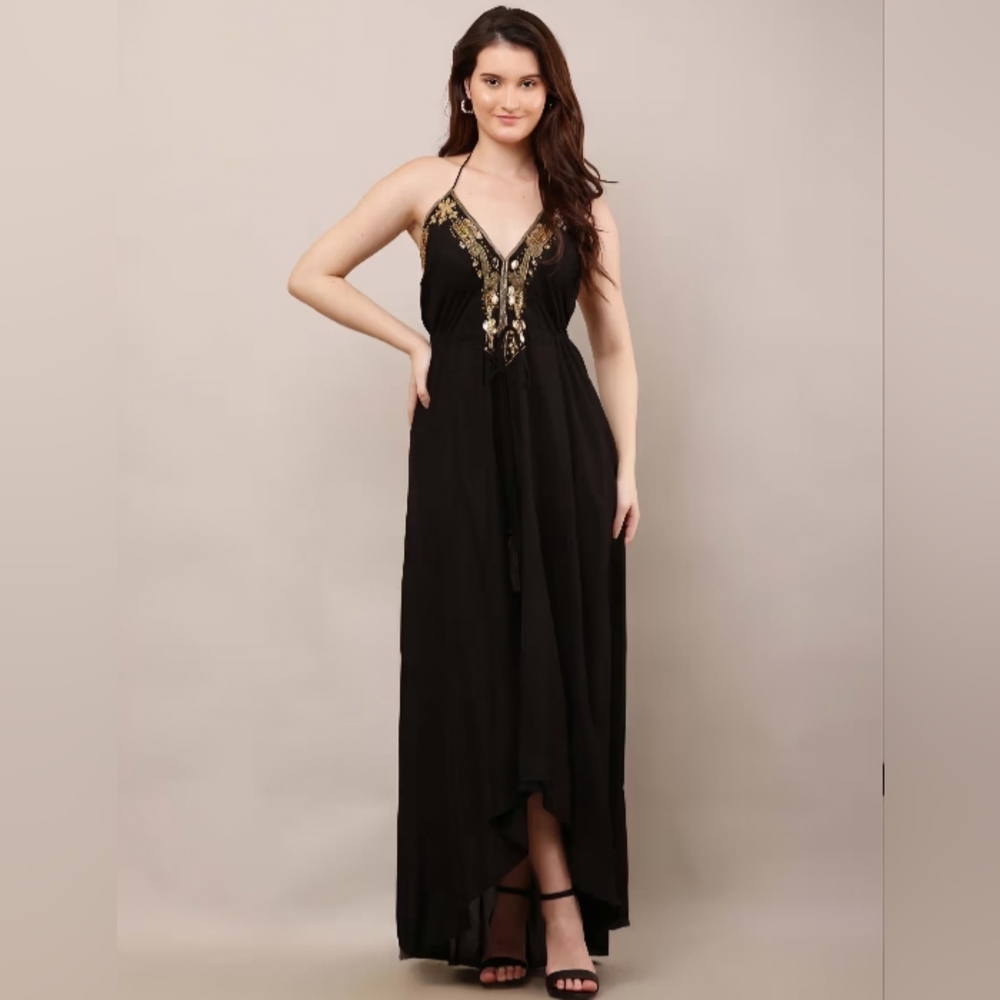 VENUS Black Maxi Dress with Gold Accents